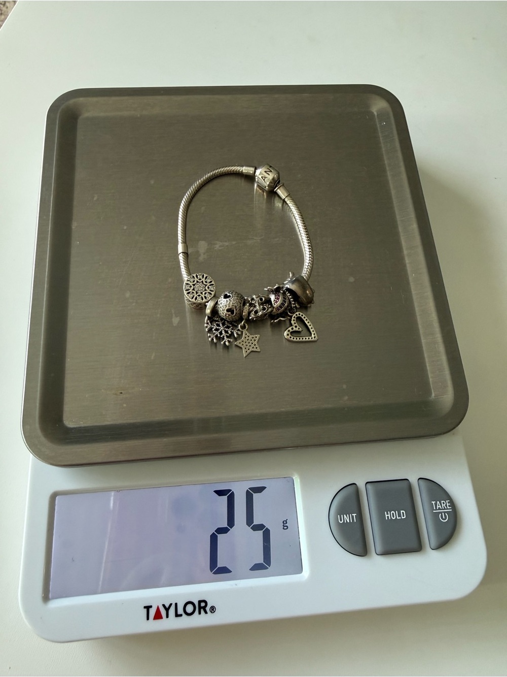 Pandora Silver Charm Bracelet  6.7”  with Heart and Star etc Charms